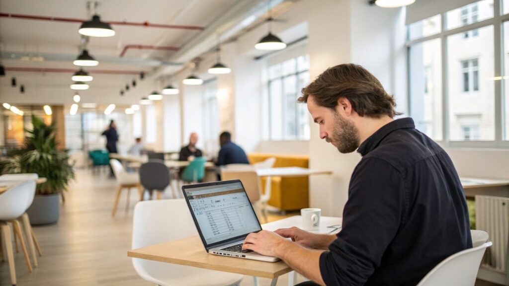 Founder building a target investor list on a laptop in a London coworking space