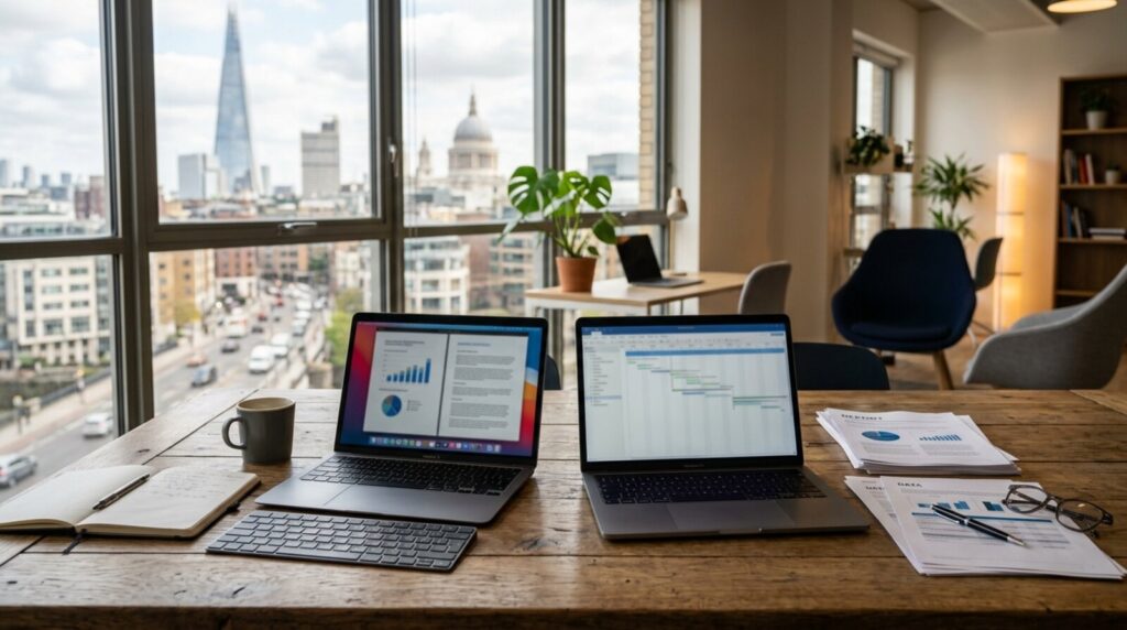 Documents and laptops on a table in a London co-working office, representing a startup funding decision