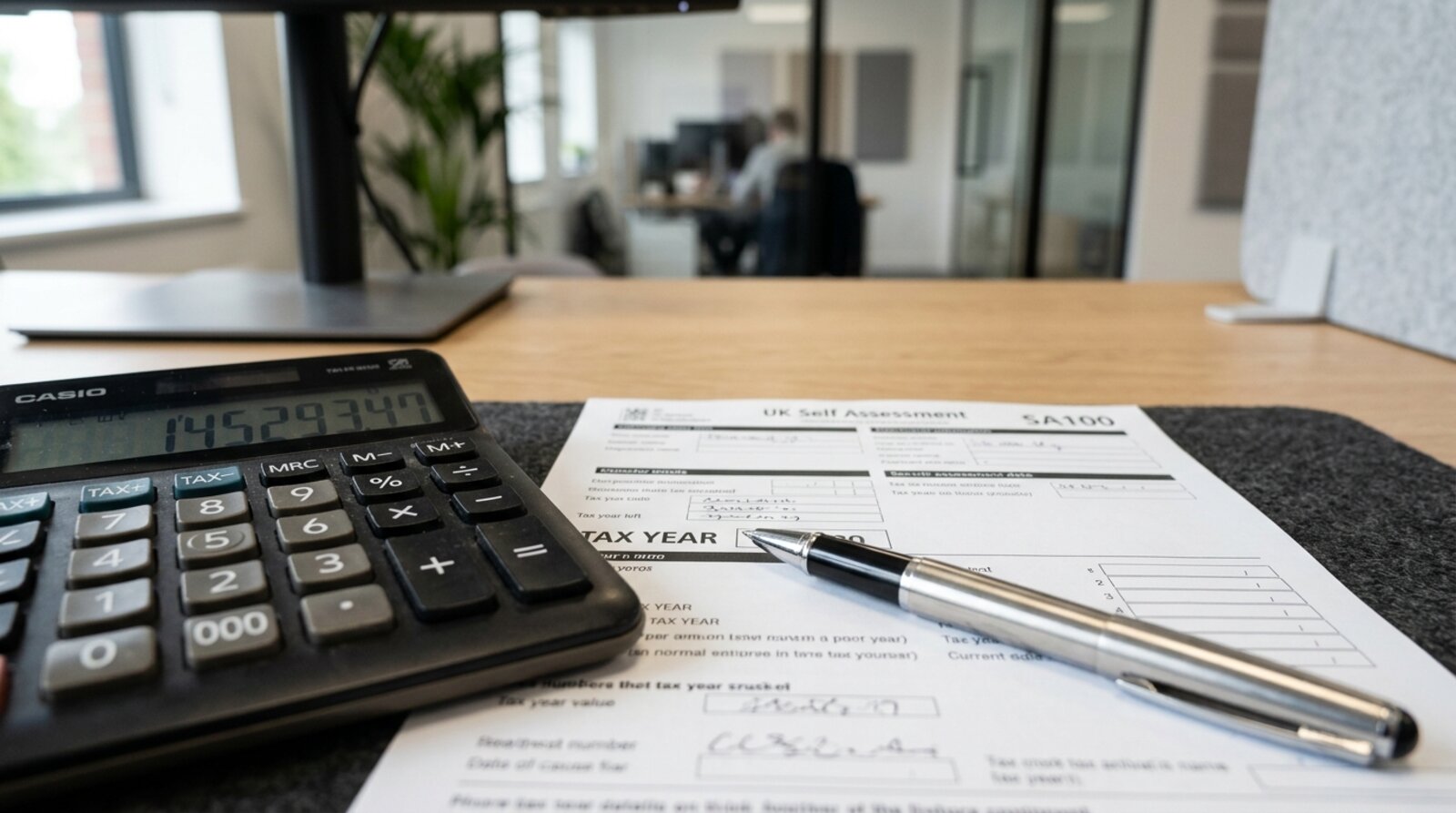 A calculator and paperwork on a desk representing UK SEIS and EIS tax relief calculations