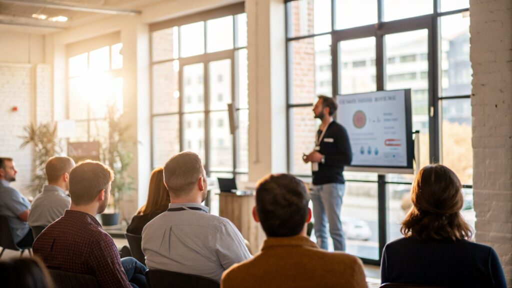 Founders pitching to a group of angel investors at a London startup event