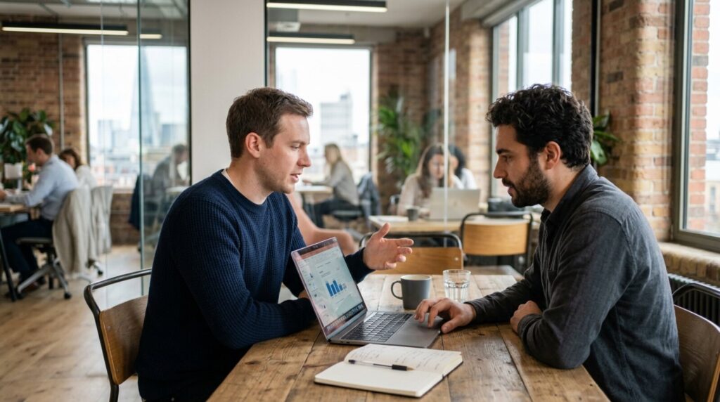 Two startup founders reviewing their pitch in a London co-working space