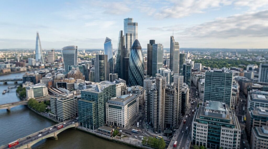 London financial district skyline representing the city's seed funding scene
