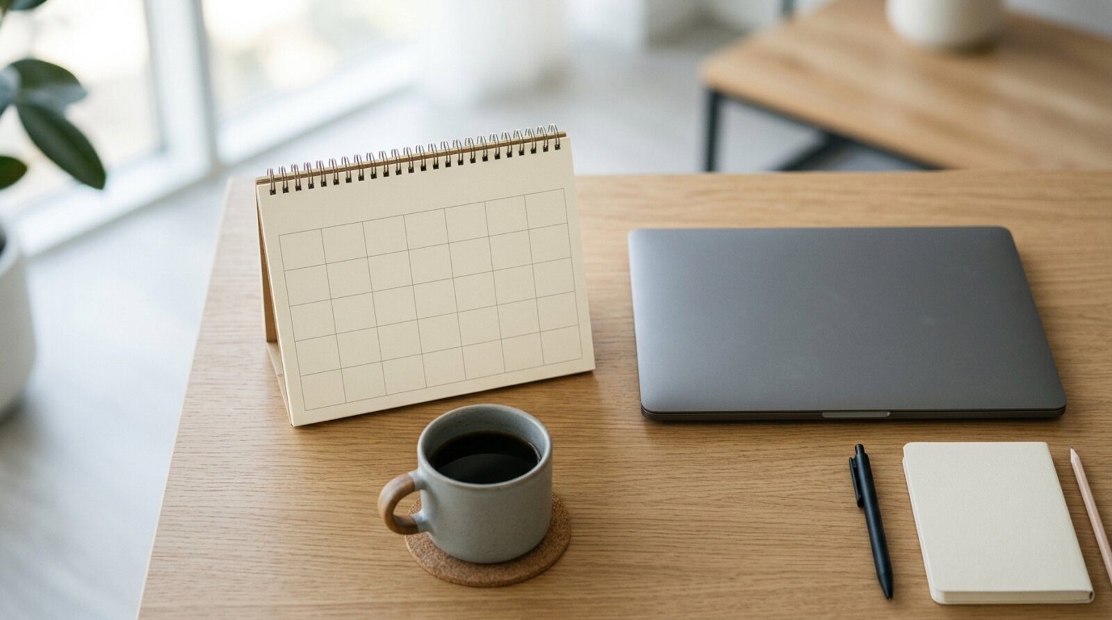 Desk calendar and laptop representing the timeline of a startup fundraising process