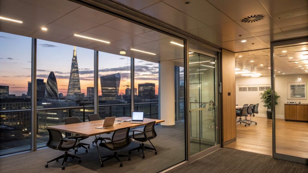 A modern London startup office at dusk with the city skyline visible through glass walls