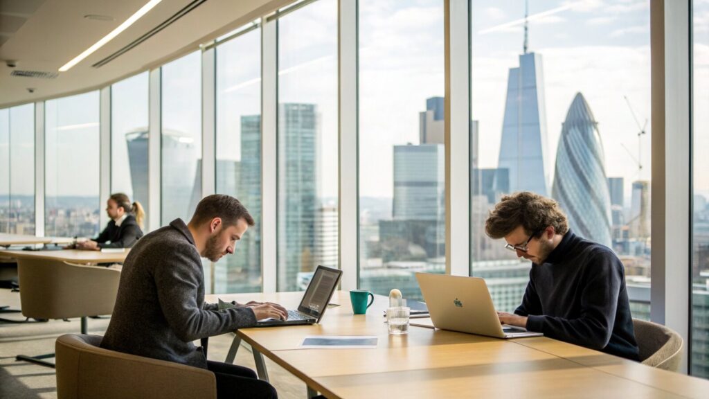 Founders working in a London startup office with the City skyline behind