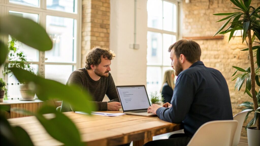 Founders presenting a pre-seed pitch to an investor in a London startup office