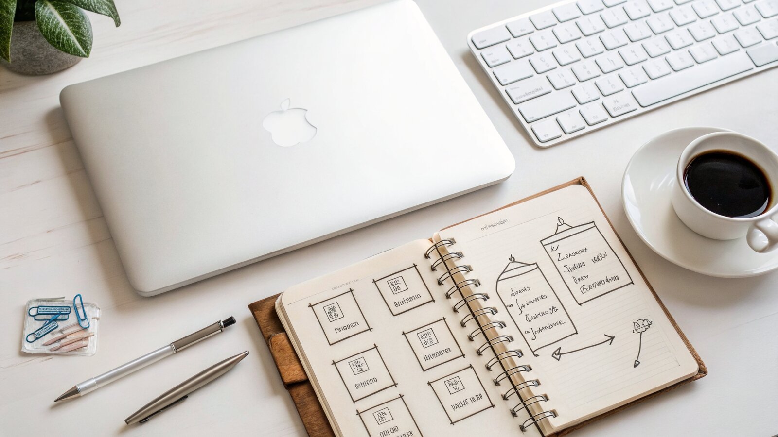 A founder's desk with wireframe sketches of pitch deck slides