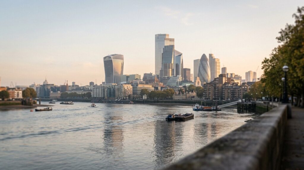 City of London skyline at sunrise seen across the Thames, glass office towers in soft morning light