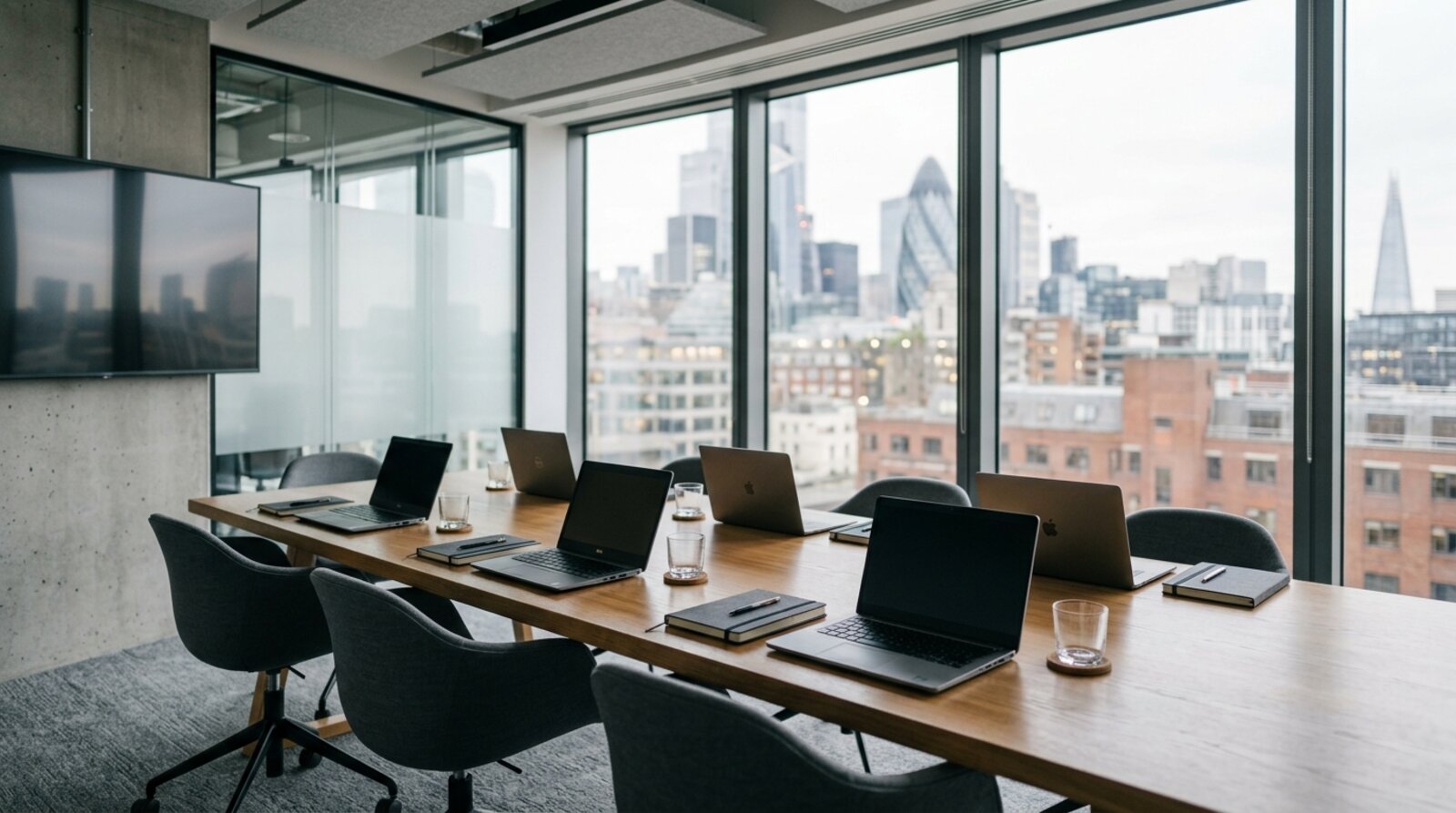 Empty modern meeting room in a London office with laptops and notebooks on a long table by large windows