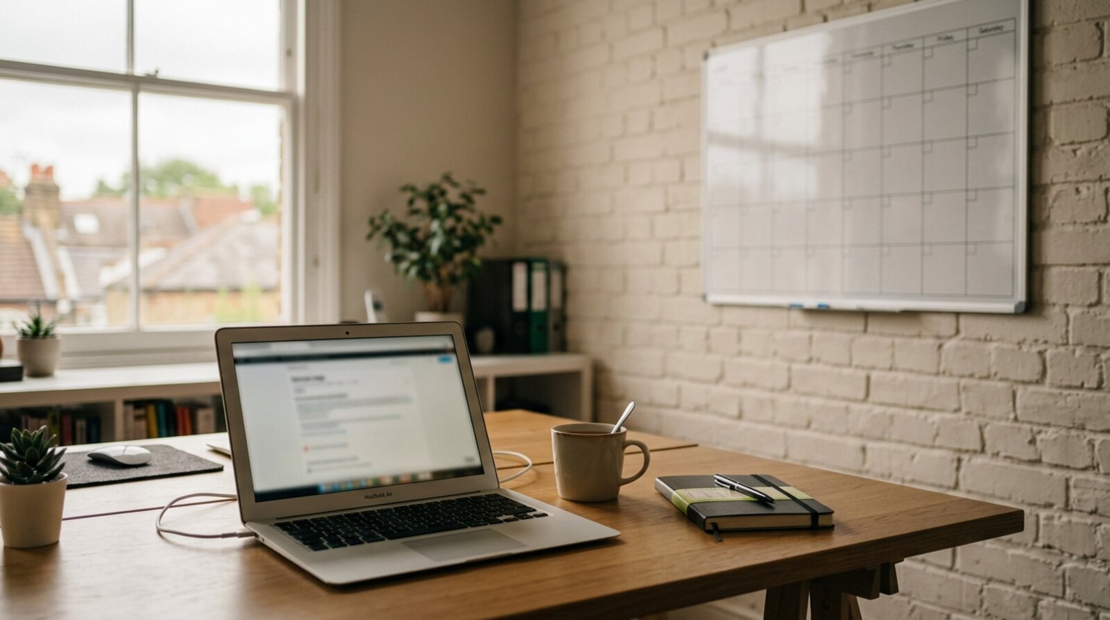 Tidy startup office desk with a laptop, mug of tea and a blank wall planner on a brick wall