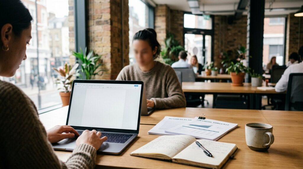 A founder's desk with a laptop, printed business plan pages and a notebook in a bright London co-working space