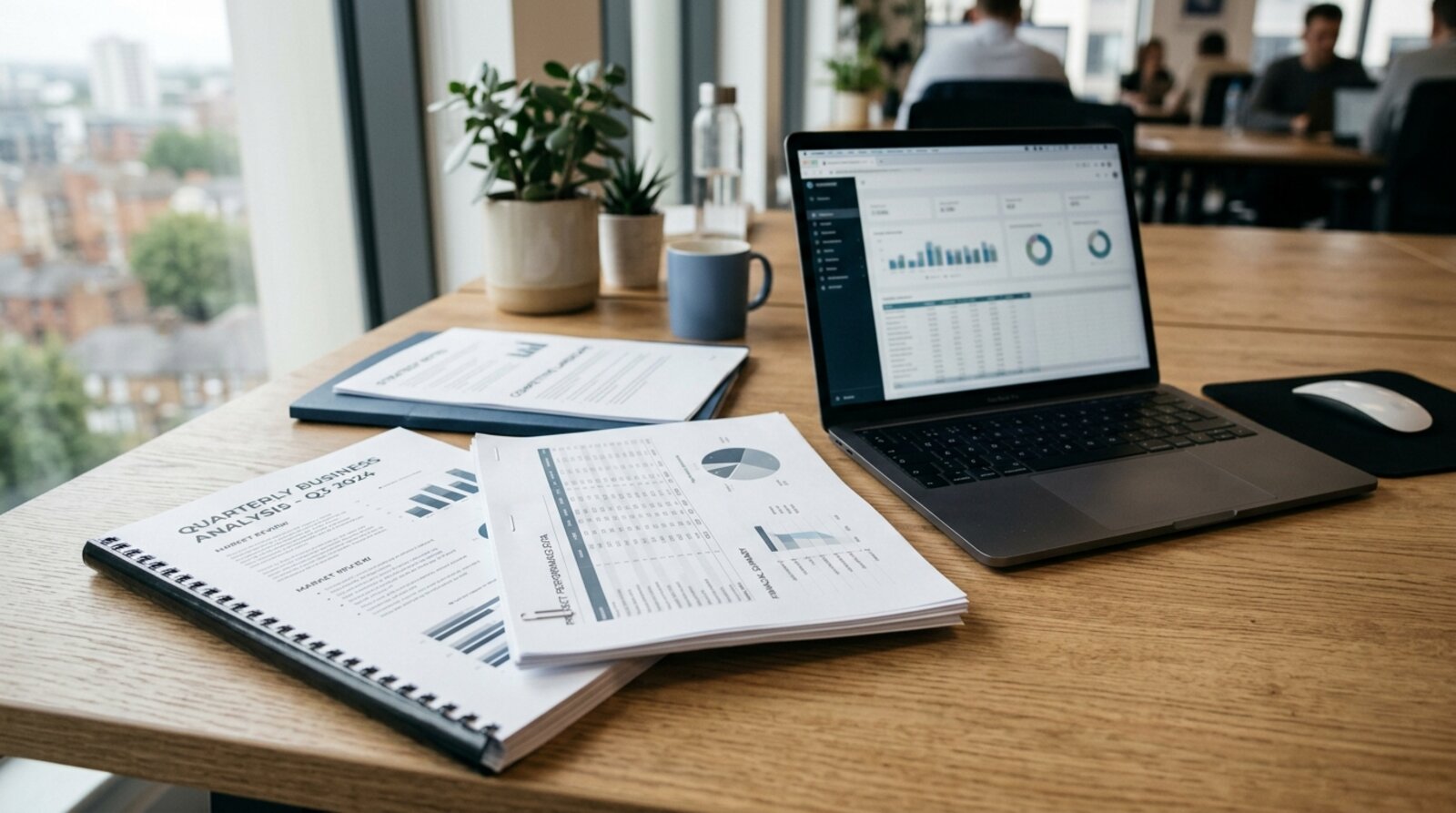 A stack of printed business documents and a laptop arranged on a wooden desk