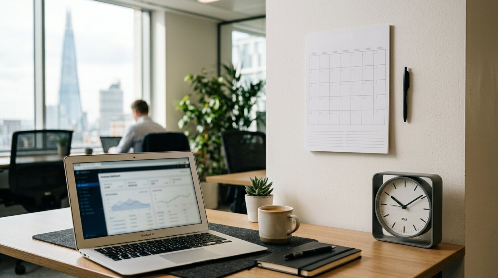 A wall calendar and desk clock beside a laptop on an office desk
