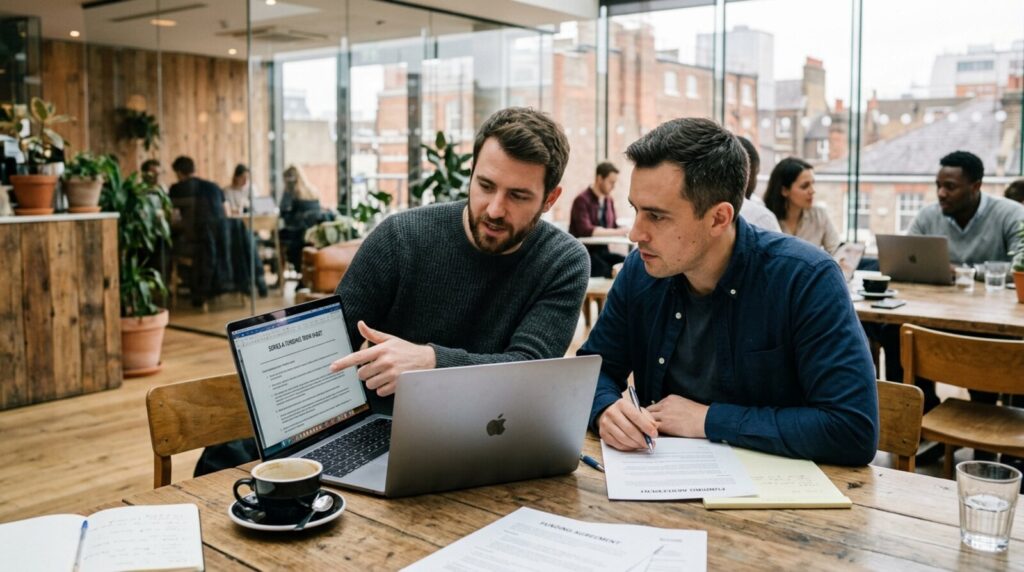 Two startup founders reviewing funding paperwork on a laptop in a London co-working office