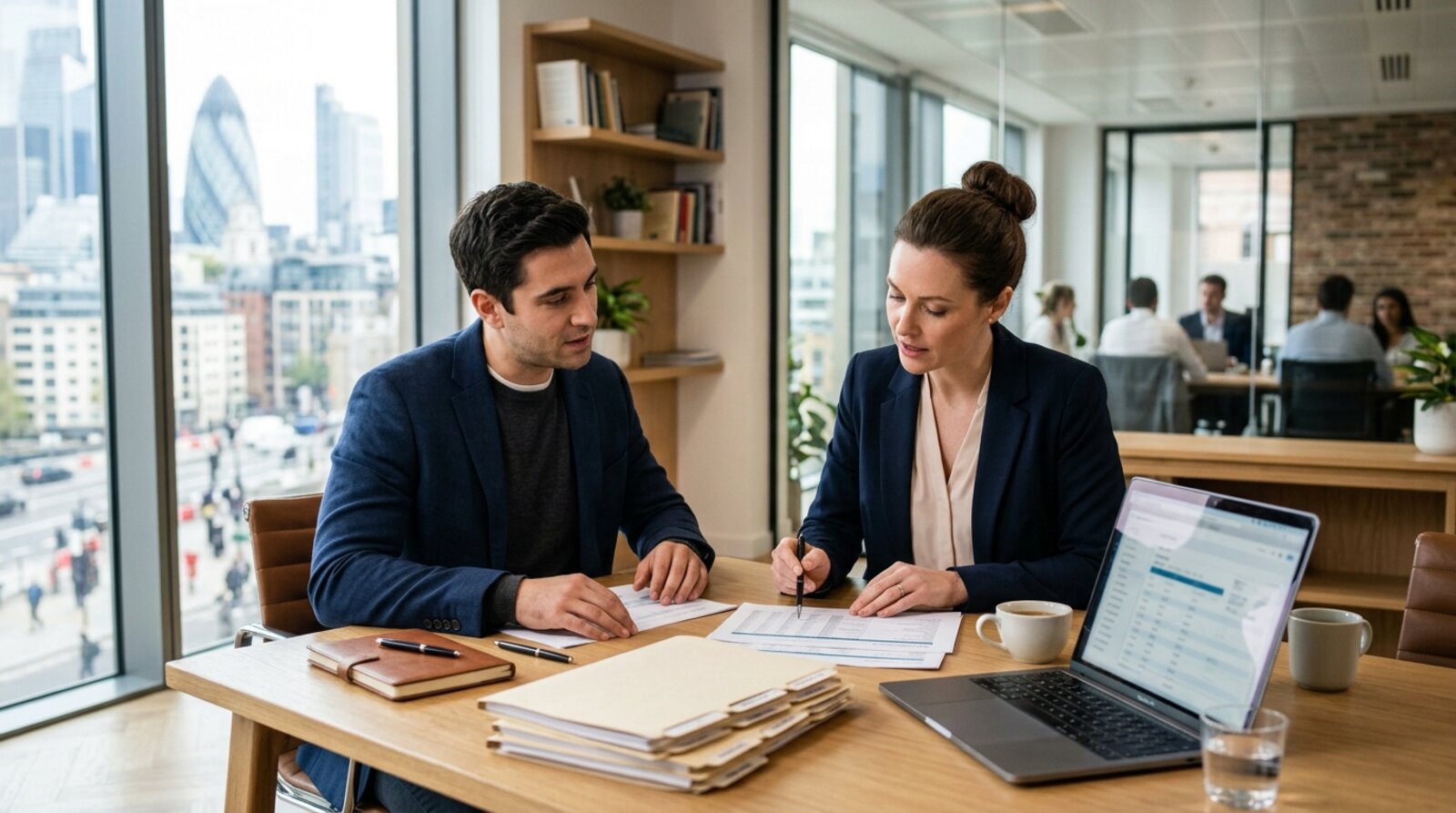 An accountant and a founder discussing SEIS and EIS compliance documents in a London office
