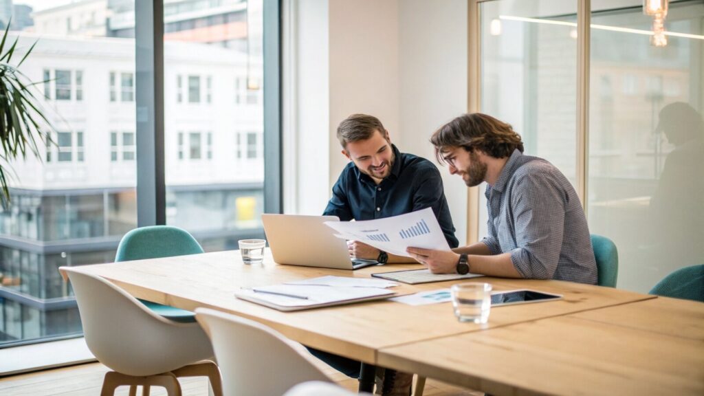 Startup founders reviewing fundraising documents in a London office