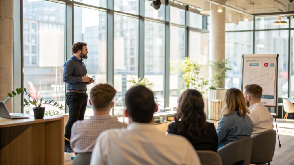Founder pitching to a group of angel investors at a London startup event