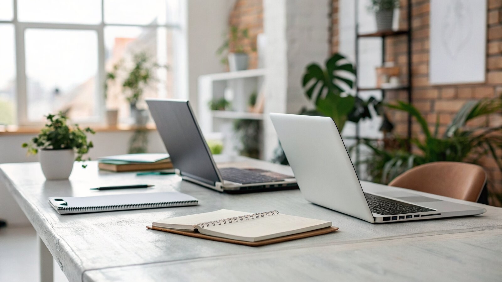 Shared founder desk in a co-working space